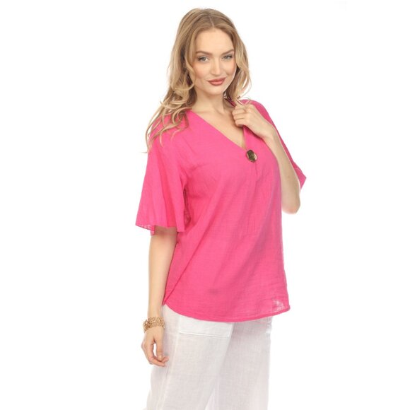 Fuchsia V Neck Plain Top With Bell Sleeves - Picture 2 of 7